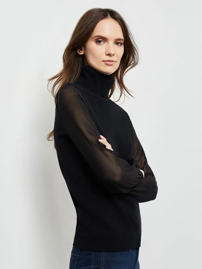 Misook Chiffon Sleeve Cashmere Turtleneck Women Tops and Tees Misook Chiffon Sleeve Cashmere Turtleneck Women Tops and Tees