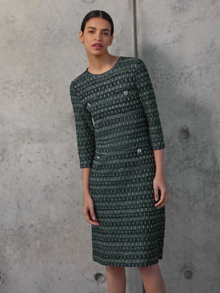 Misook Metallic Accent Tweed Knit Shift Dress Women Dresses