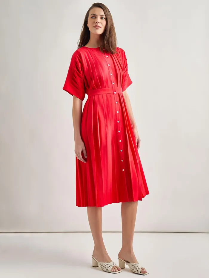 Misook Midi Fit and Flare Dress 8211 Hand Pleated Woven Women Dresses