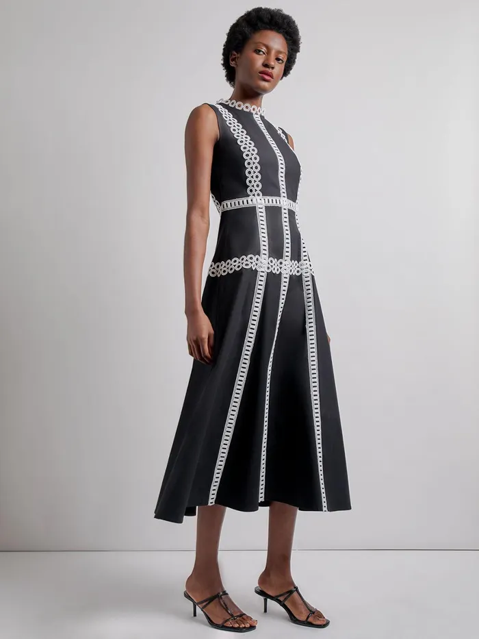 Misook Modern Fit and Flare Cotton Eyelet Trim Maxi Dress Women Dresses