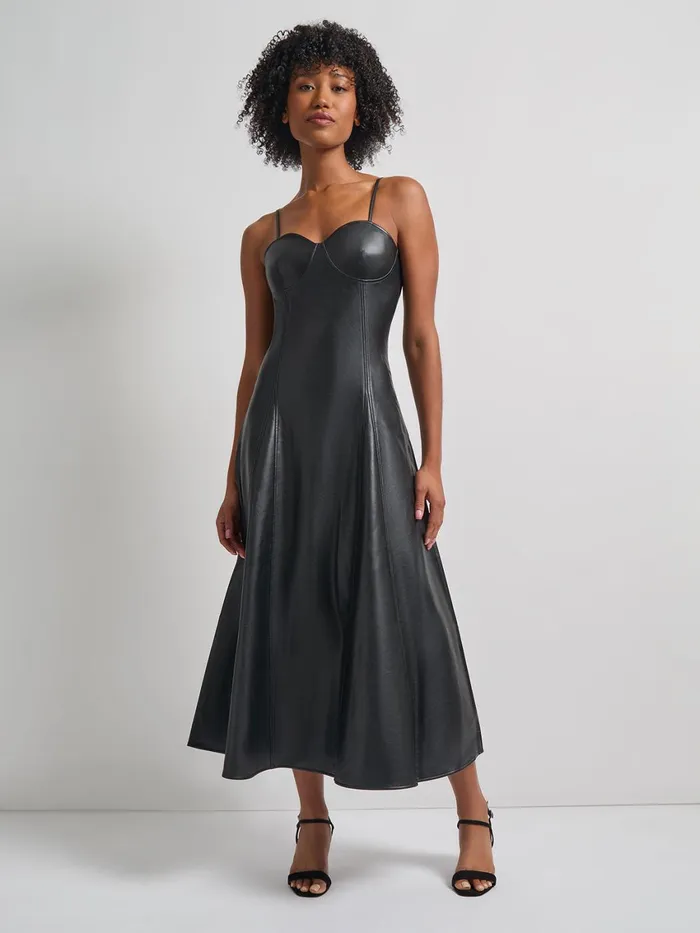 Misook Modern FitandFlare Vegan Leather Princess Seam Maxi Dress Women Dresses