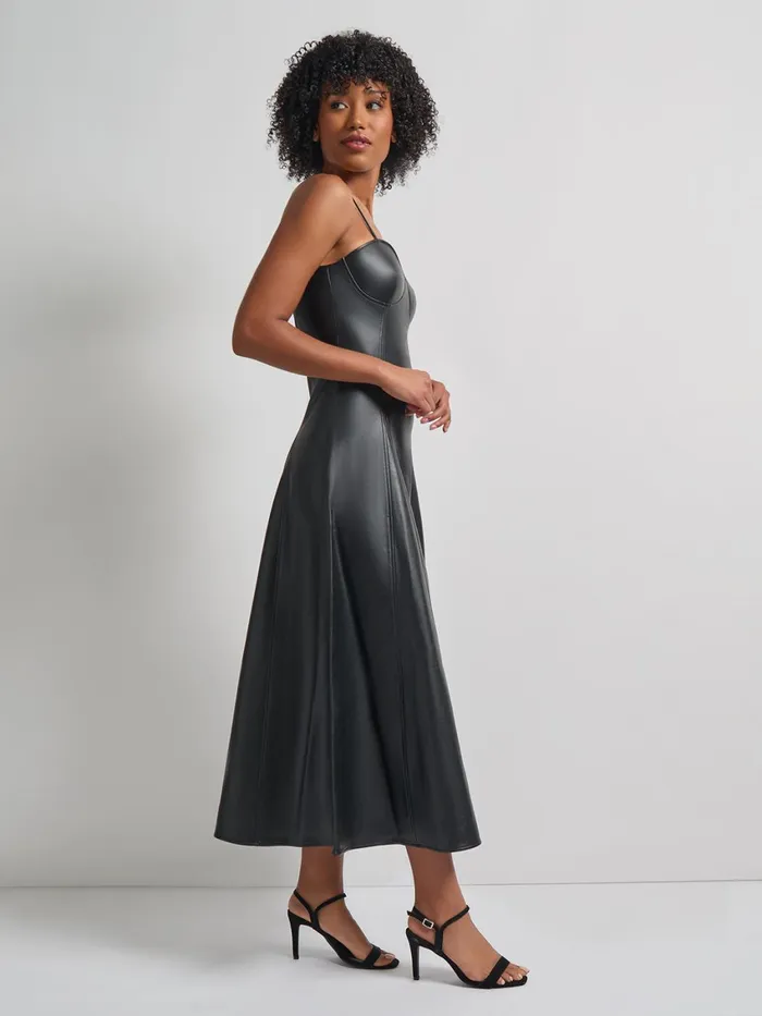 Misook Modern FitandFlare Vegan Leather Princess Seam Maxi Dress Women Dresses Misook Modern FitandFlare Vegan Leather Princess Seam Maxi Dress Women Dresses