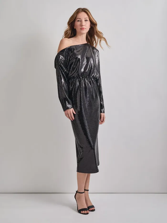 Misook Modern Fit Sequin Novelty Woven Blouson Midi Dress Women Dresses