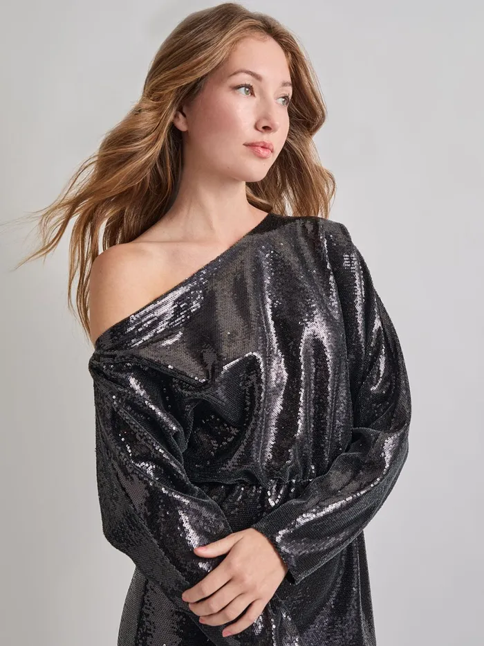 Misook Modern Fit Sequin Novelty Woven Blouson Midi Dress Women Dresses