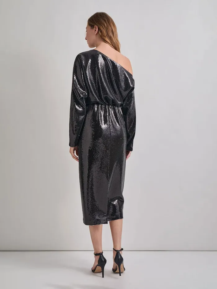 Misook Modern Fit Sequin Novelty Woven Blouson Midi Dress Women Dresses