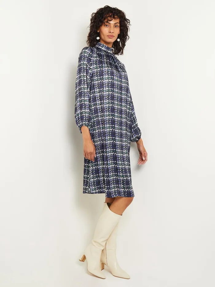 Misook Pleated Mock Neck Crepe De Chine Printed ALine Dress Women Dresses Misook Pleated Mock Neck Crepe De Chine Printed ALine Dress Women Dresses