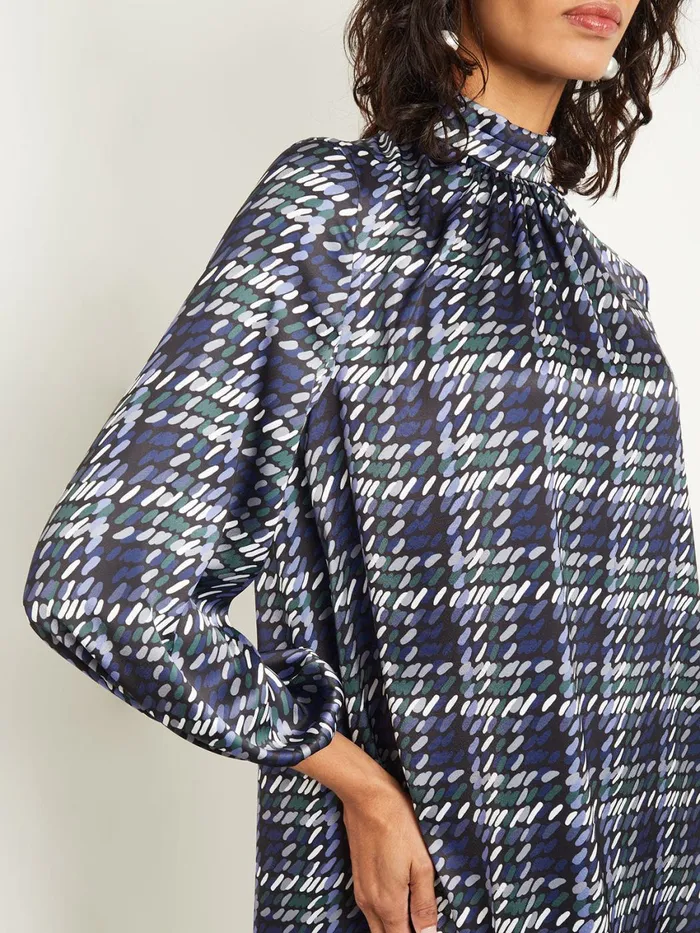 Misook Pleated Mock Neck Crepe De Chine Printed ALine Dress Women Dresses Misook Pleated Mock Neck Crepe De Chine Printed ALine Dress Women Dresses