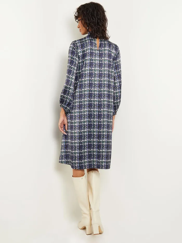 Misook Pleated Mock Neck Crepe De Chine Printed ALine Dress Women Dresses Misook Pleated Mock Neck Crepe De Chine Printed ALine Dress Women Dresses