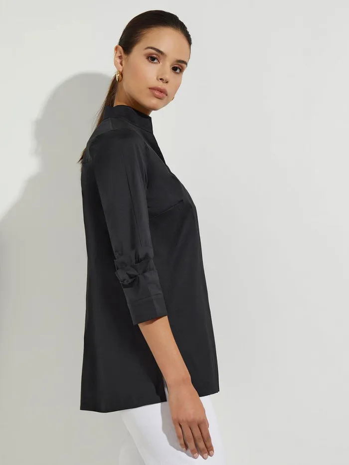 Misook Ruche Sleeve Cotton Tunic Women Tops and Tees Misook Ruche Sleeve Cotton Tunic Women Tops and Tees