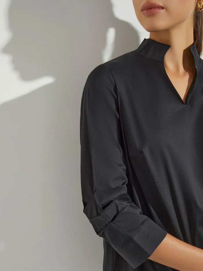 Misook Ruche Sleeve Cotton Tunic Women Tops and Tees Misook Ruche Sleeve Cotton Tunic Women Tops and Tees