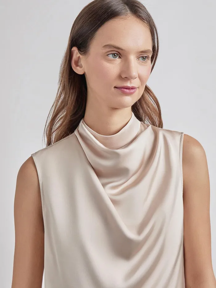 Misook Sleeveless High Neck Draped Crepe De Chine Blouse Women Tops and Tees Misook Sleeveless High Neck Draped Crepe De Chine Blouse Women Tops and Tees