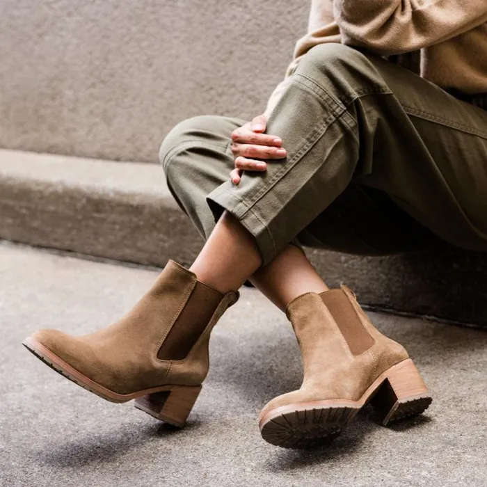 Nisolo Heels Women Ana GoTo Heeled Chelsea Boot Taupe Suede Nisolo Heels Women Ana GoTo Heeled Chelsea Boot Taupe Suede