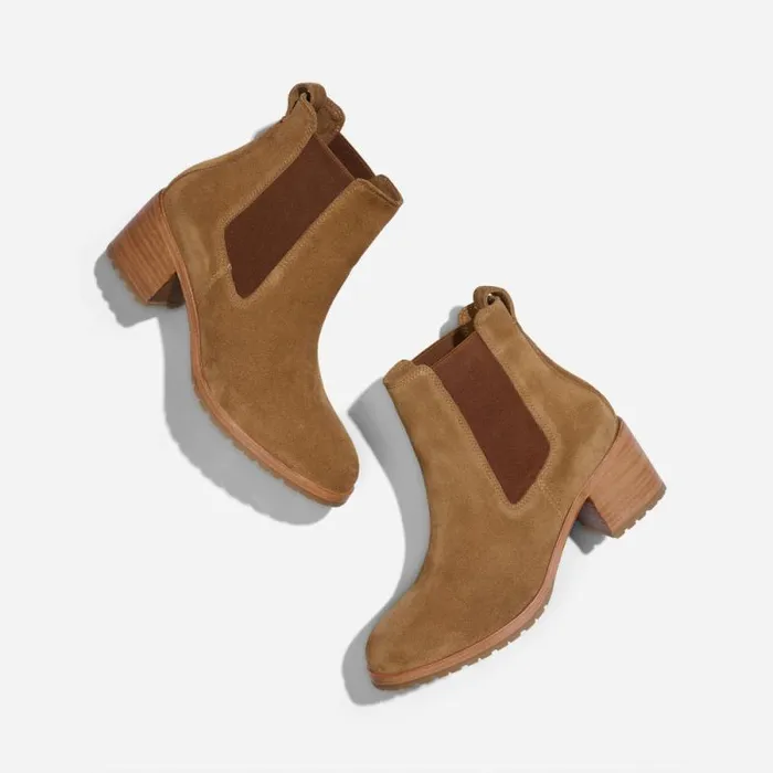 Nisolo Heels Women Ana GoTo Heeled Chelsea Boot Taupe Suede Nisolo Heels Women Ana GoTo Heeled Chelsea Boot Taupe Suede