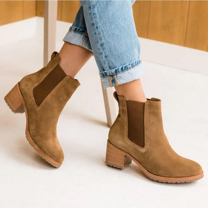 Nisolo Heels Women Ana GoTo Heeled Chelsea Boot Taupe Suede Nisolo Heels Women Ana GoTo Heeled Chelsea Boot Taupe Suede