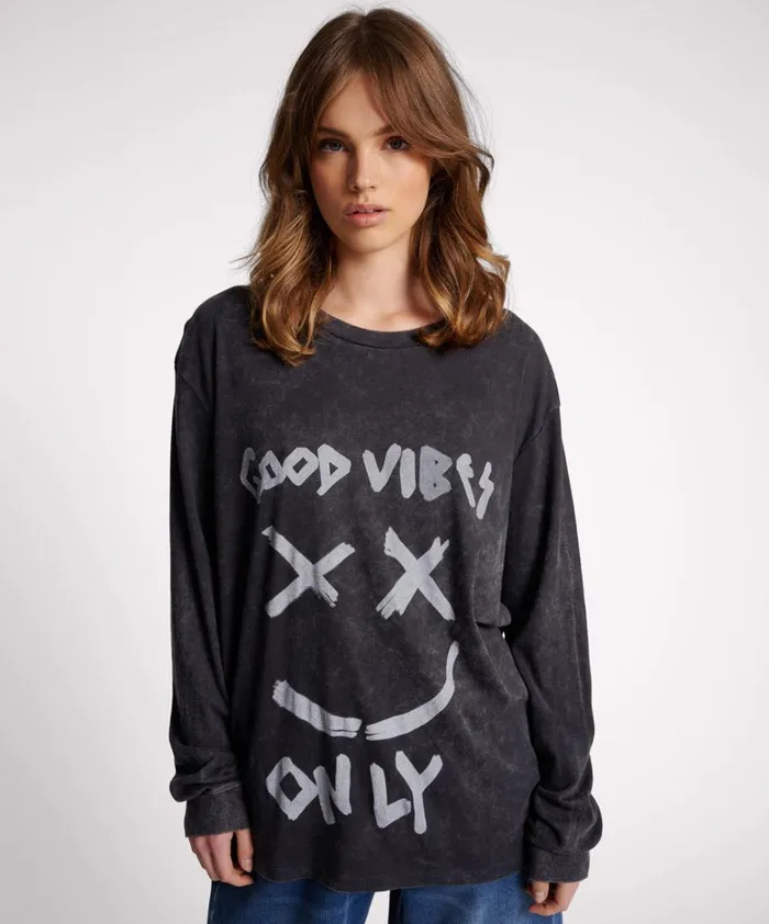 One Teaspoon Basic Tees GOOD VIBES ONLY LONG SLEEVE TEE 8211 Women