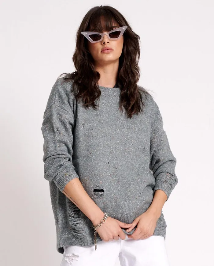 One Teaspoon Knitwear DISTRESSED FISHERMAN KNIT SWEATER GREY 8211 Women