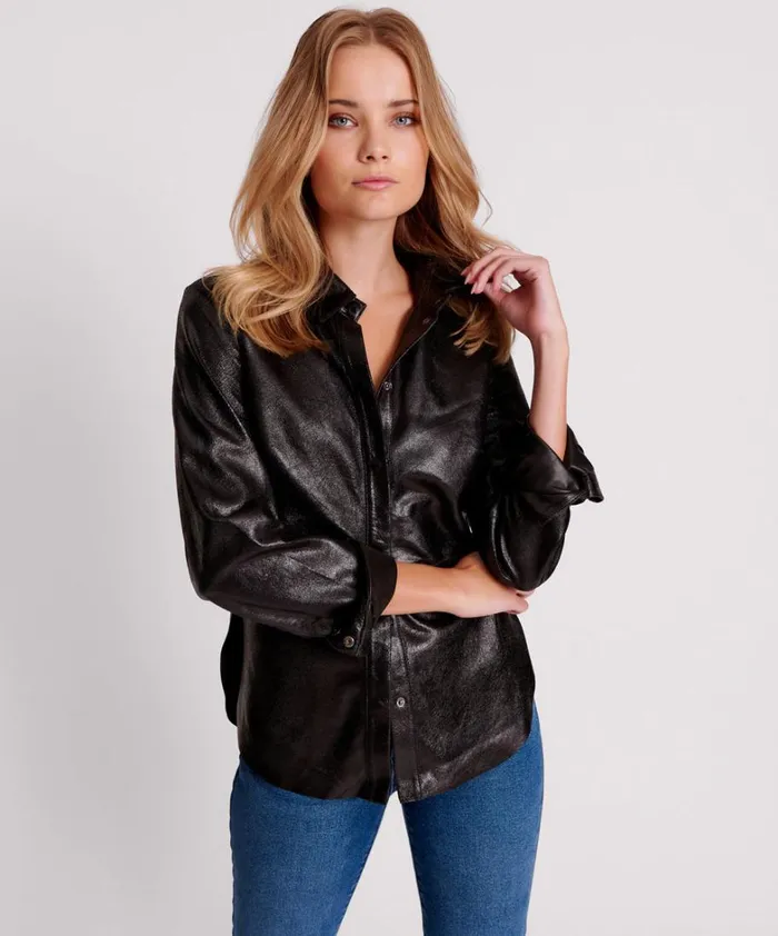 One Teaspoon Shirts BLACK BOWIE CURVED LEATHER SHIRT 8211 Women
