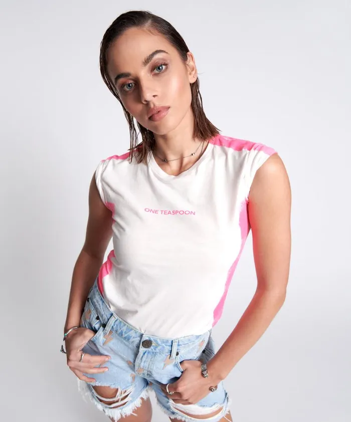 One Teaspoon Tees and Tanks HAND SPRAYED PINK LOGO ORGANIC FITTED TEE 8211 Women