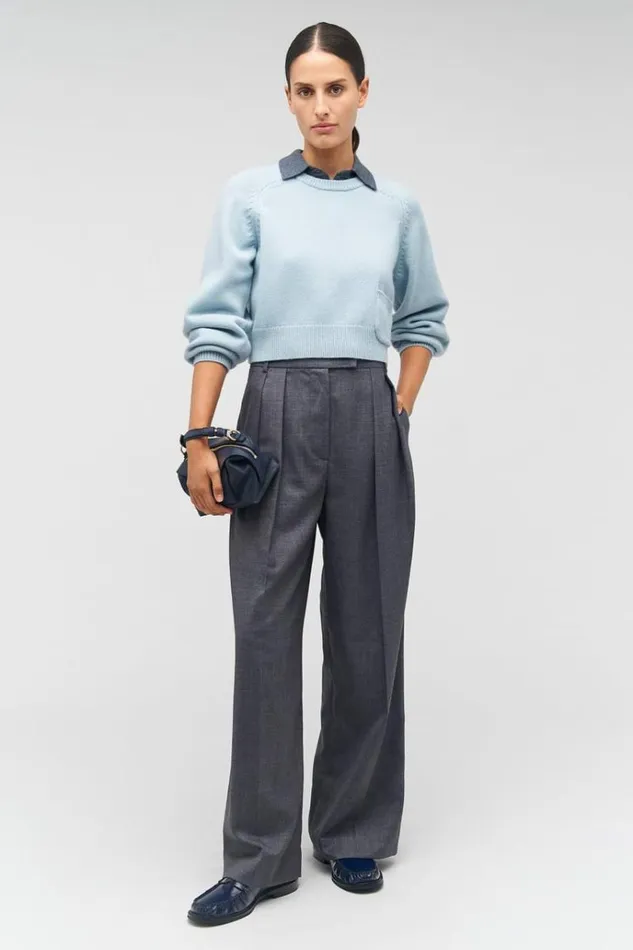 Oroton Knitwear Women Crop Crew Sweater Windmill Blue