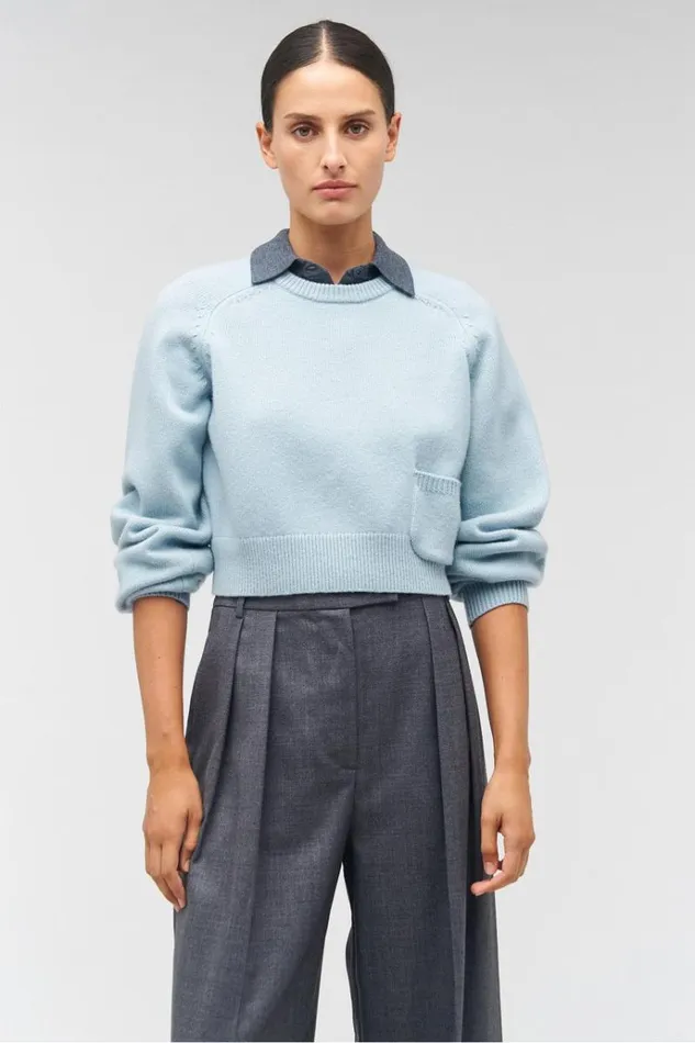 Oroton Knitwear Women Crop Crew Sweater Windmill Blue