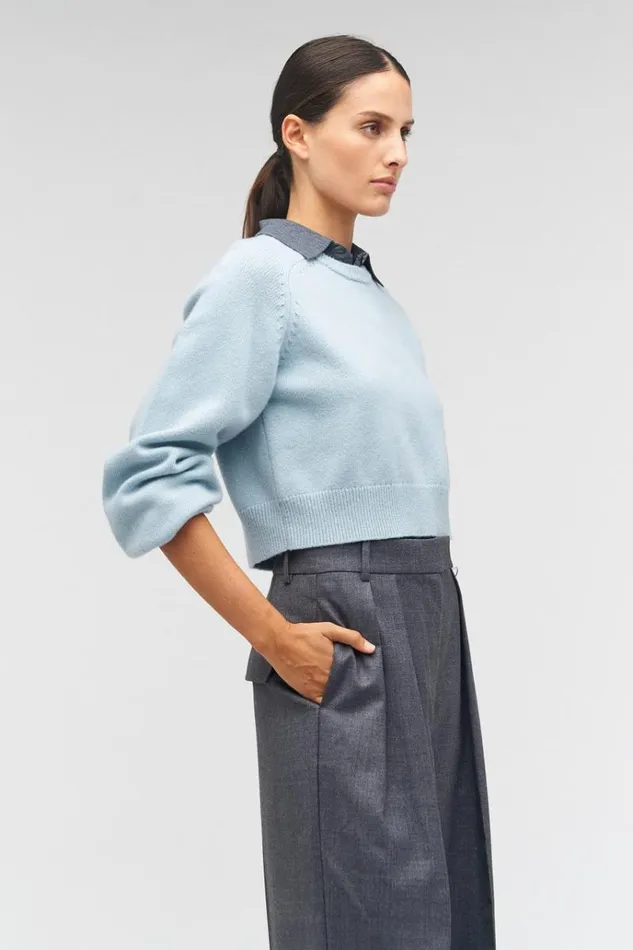 Oroton Knitwear Women Crop Crew Sweater Windmill Blue