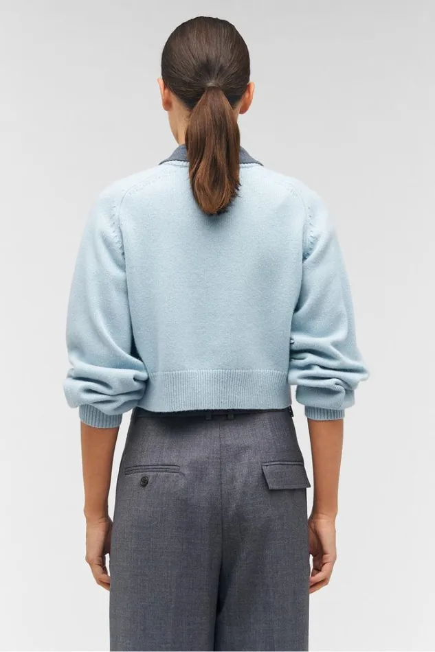 Oroton Knitwear Women Crop Crew Sweater Windmill Blue