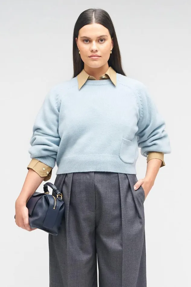 Oroton Knitwear Women Crop Crew Sweater Windmill Blue