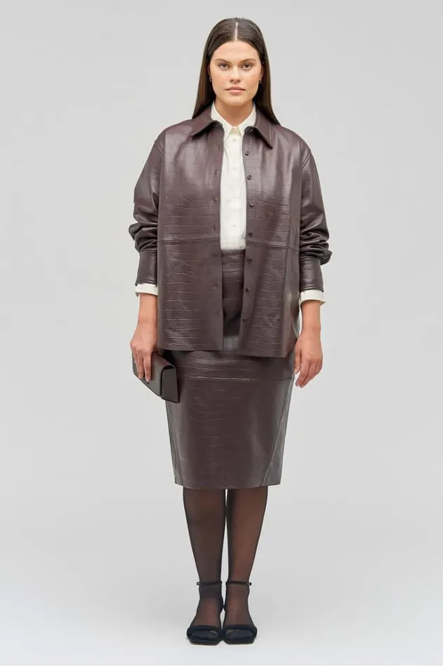 Oroton Skirts Women Embossed Croc Pencil Skirt Burgundy