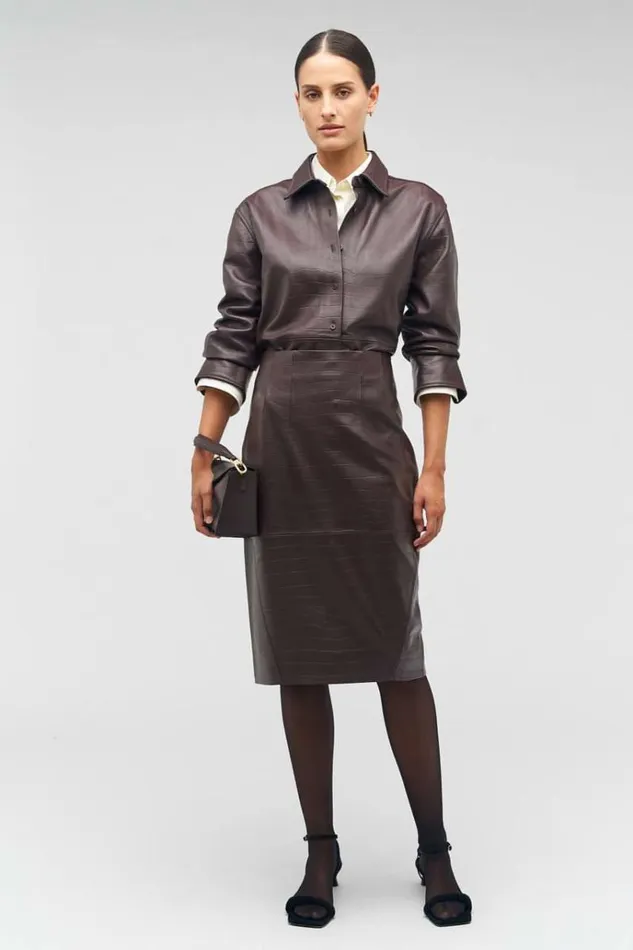 Oroton Suiting Women Embossed Croc Long Sleeve Overshirt Burgundy