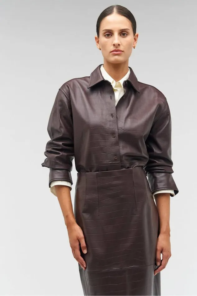 Oroton Suiting Women Embossed Croc Long Sleeve Overshirt Burgundy