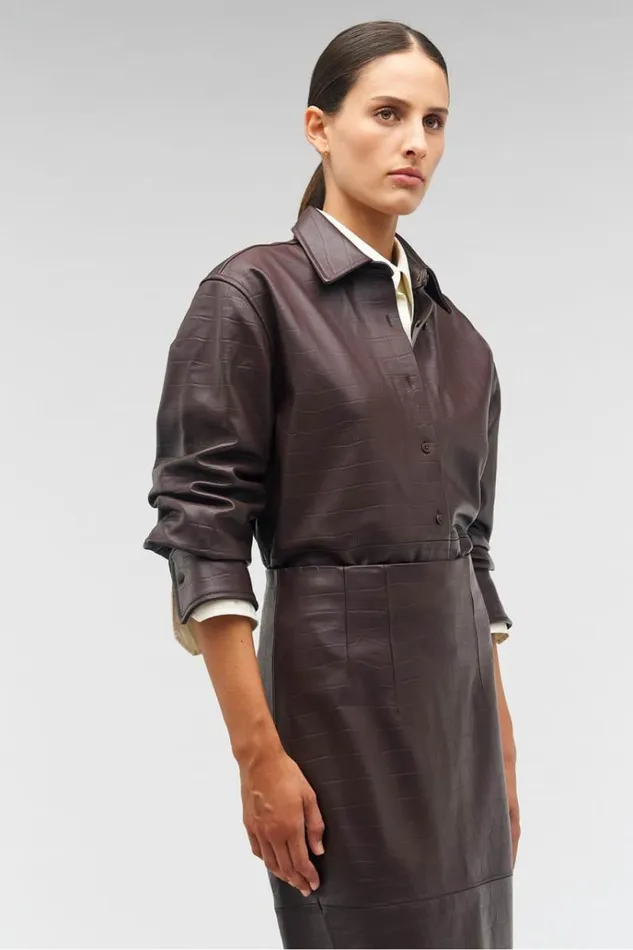 Oroton Suiting Women Embossed Croc Long Sleeve Overshirt Burgundy