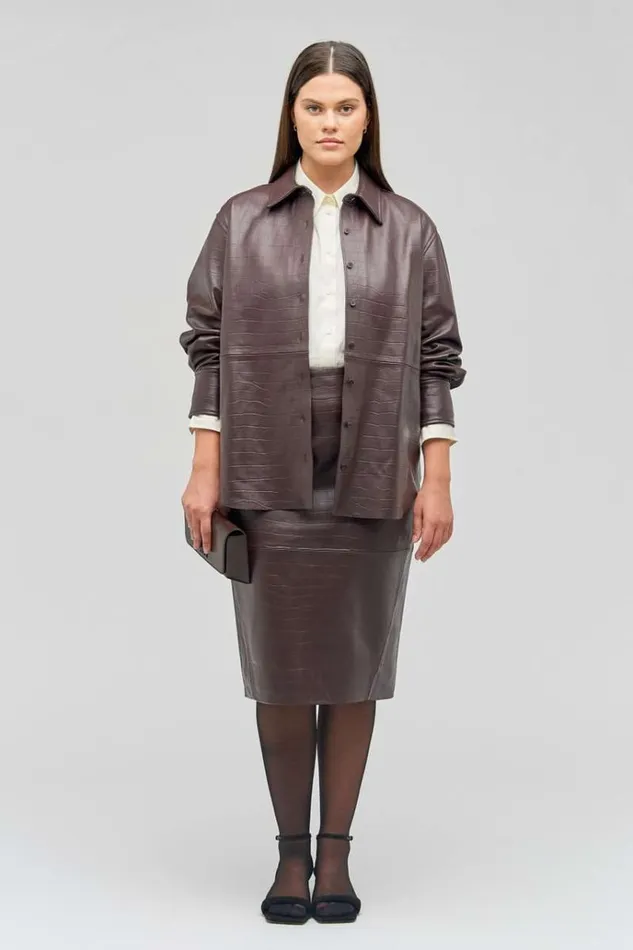 Oroton Suiting Women Embossed Croc Long Sleeve Overshirt Burgundy