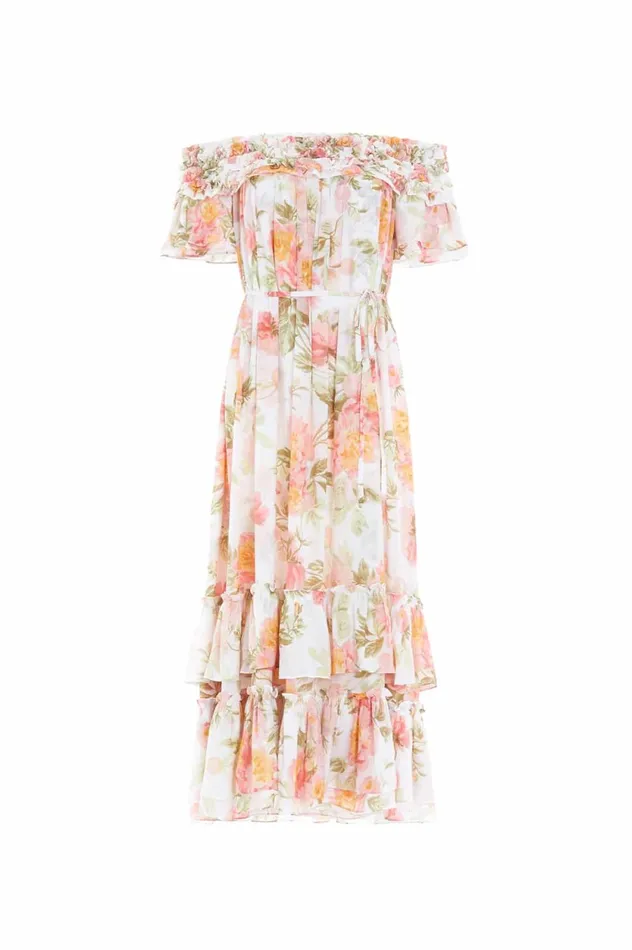 Peony Promise Chiffon OffShoulder Tiered Ballerina Dress Multi Women Needle and Thread Dresses