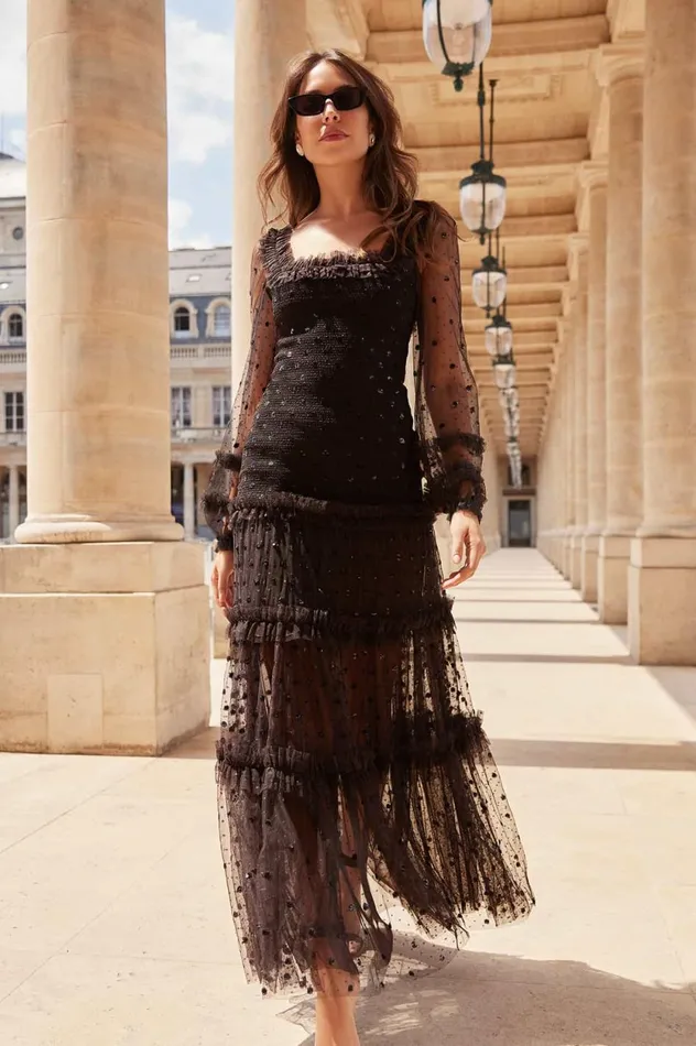 Polka Dot Smocked Long Sleeve Ankle Gown Black Women Needle and Thread Dresses