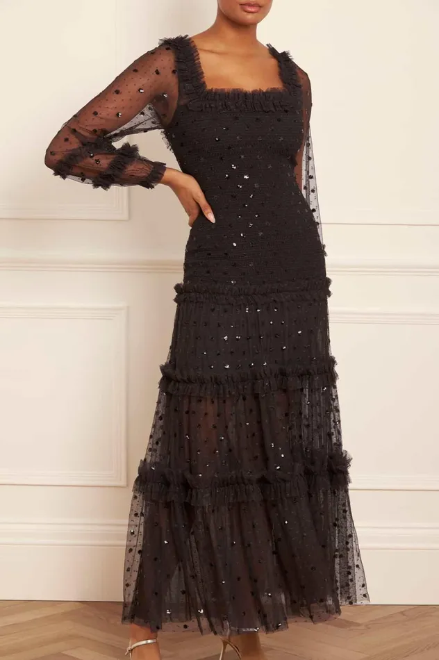 Polka Dot Smocked Long Sleeve Ankle Gown Black Women Needle and Thread Dresses