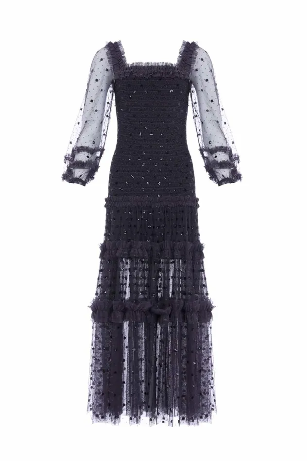 Polka Dot Smocked Long Sleeve Ankle Gown Black Women Needle and Thread Dresses