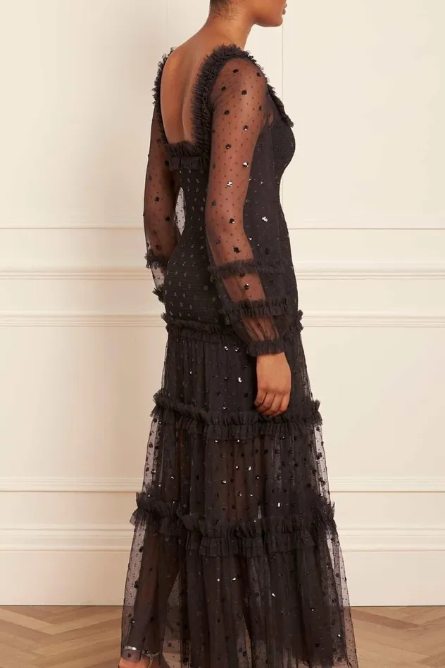 Polka Dot Smocked Long Sleeve Ankle Gown Black Women Needle and Thread Dresses