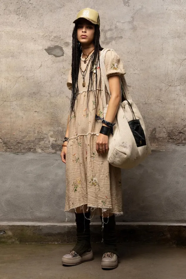 R13 Dresses and Skirts Women SHREDDED RELAXED MIDI 8211 FLORAL ON KHAKI