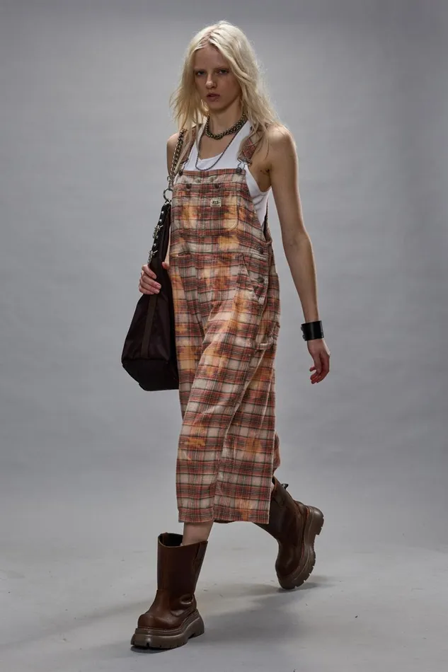 R13 Pants and Shorts Women JUMBO OVERALL 8211 BLEACHED ORANGE PLAID
