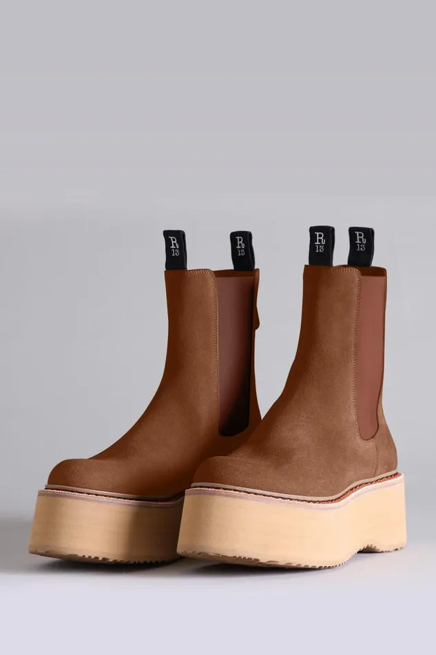 R13 Sale Women DOUBLE STACK CHELSEA BOOT 8211 BROWN SUEDE FOOTWEAR