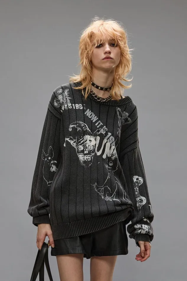 R13 Sale Women DROP NEEDLE SWEATER 8211 ACID BLACK
