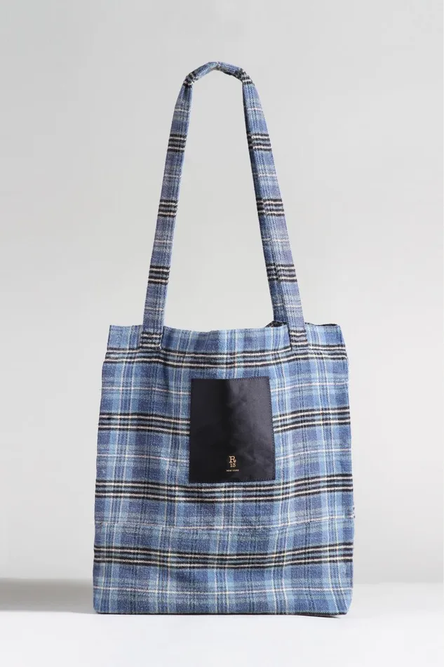 R13 Sale Women MEDIUM TOTE BAG 8211 BLUE PLAID