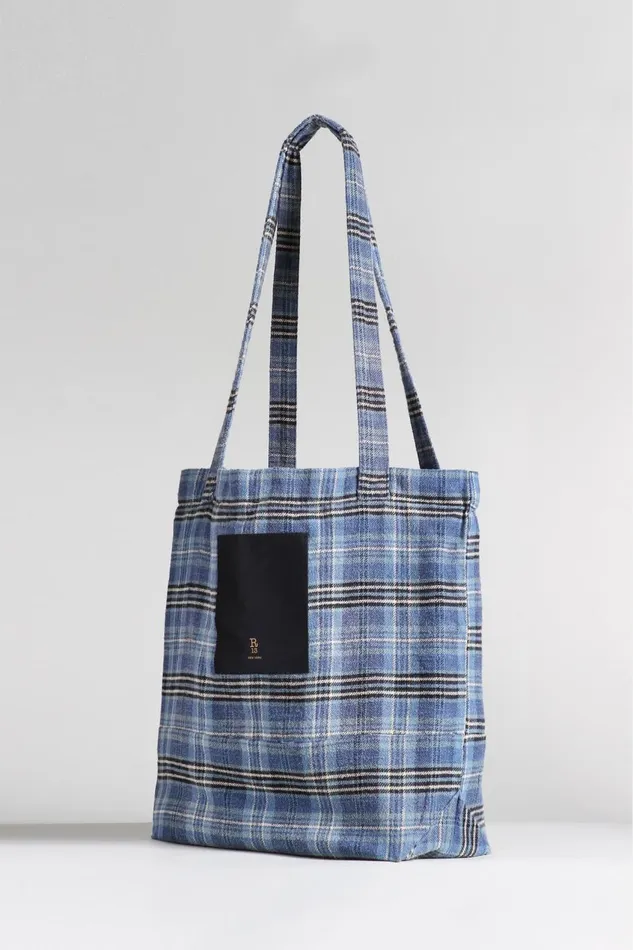 R13 Sale Women MEDIUM TOTE BAG 8211 BLUE PLAID