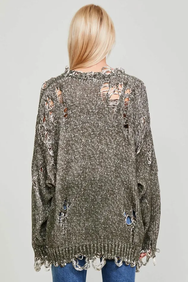 R13 Sale Women OVERSIZED DISTRESSED SWEATER 8211 DARK OLIVE