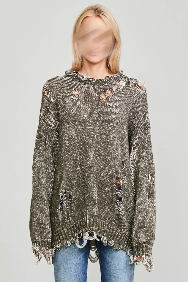 R13 Sale Women OVERSIZED DISTRESSED SWEATER 8211 DARK OLIVE