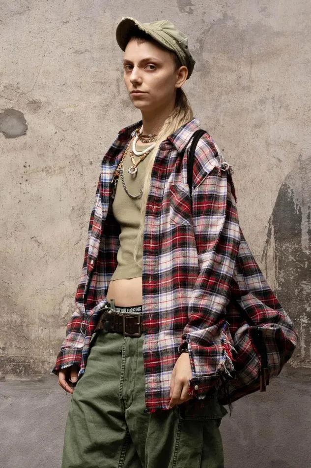 R13 Sale Women SHREDDED SEAM SHIRT 8211 ECRU PLAID