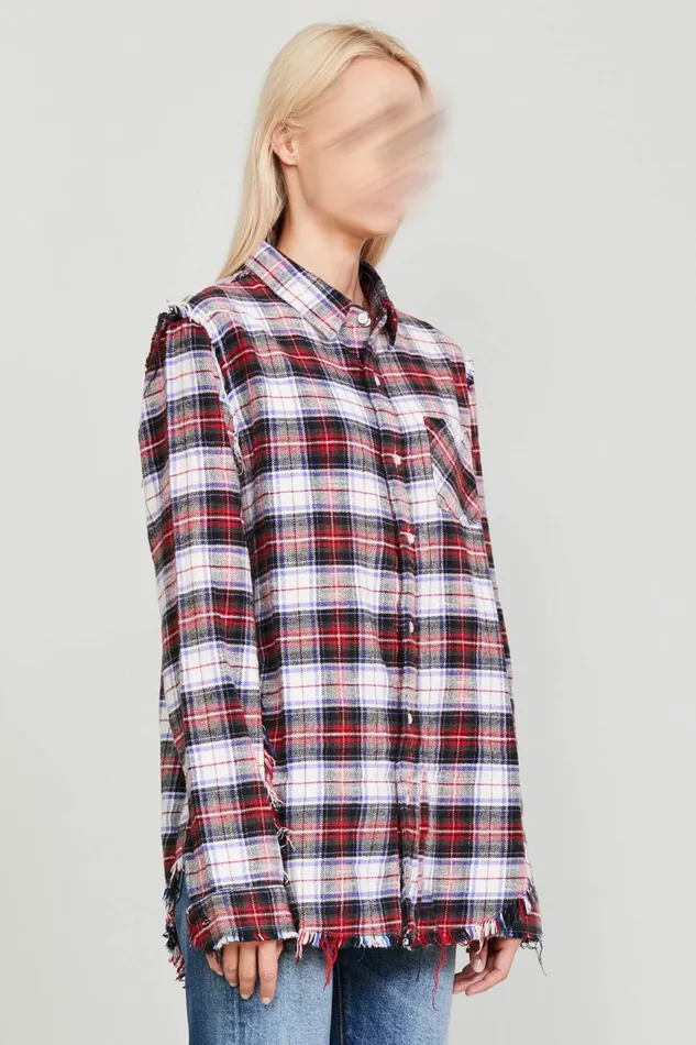 R13 Sale Women SHREDDED SEAM SHIRT 8211 ECRU PLAID