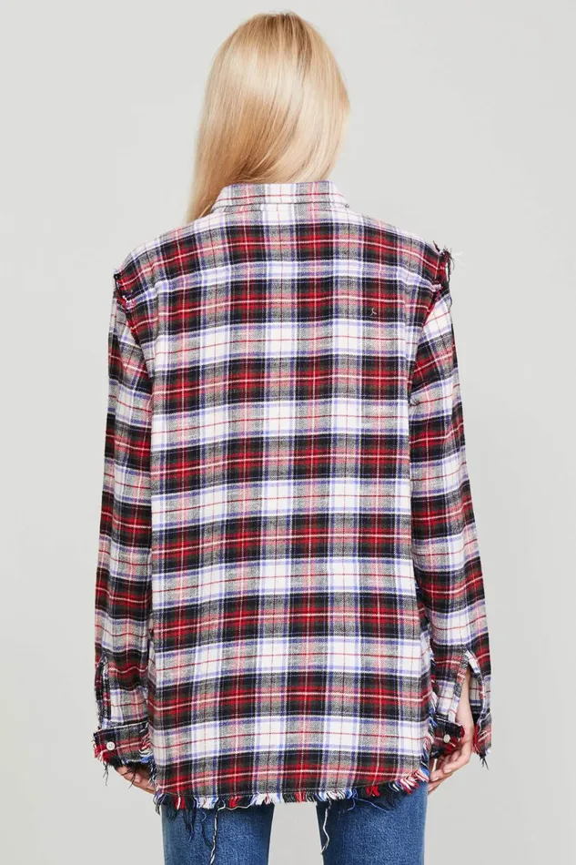 R13 Sale Women SHREDDED SEAM SHIRT 8211 ECRU PLAID