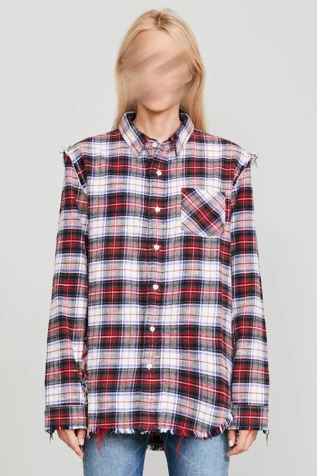 R13 Sale Women SHREDDED SEAM SHIRT 8211 ECRU PLAID