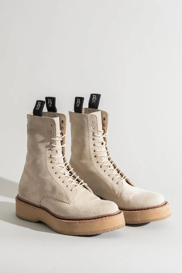R13 Sale Women SINGLE STACK BOOT 8211 KHAKI SUEDE